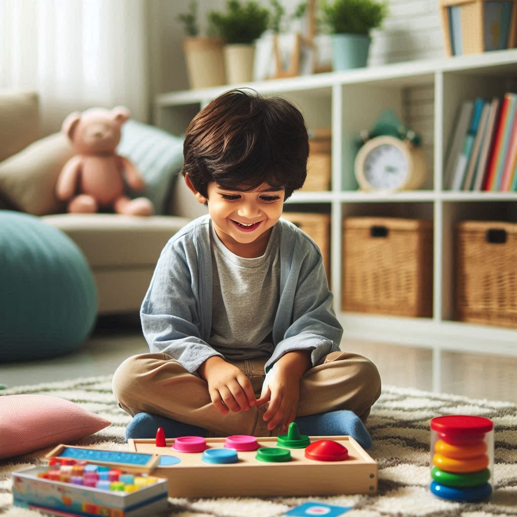 Enfant souriant jouant dans sa chambre avec jeu éducatif